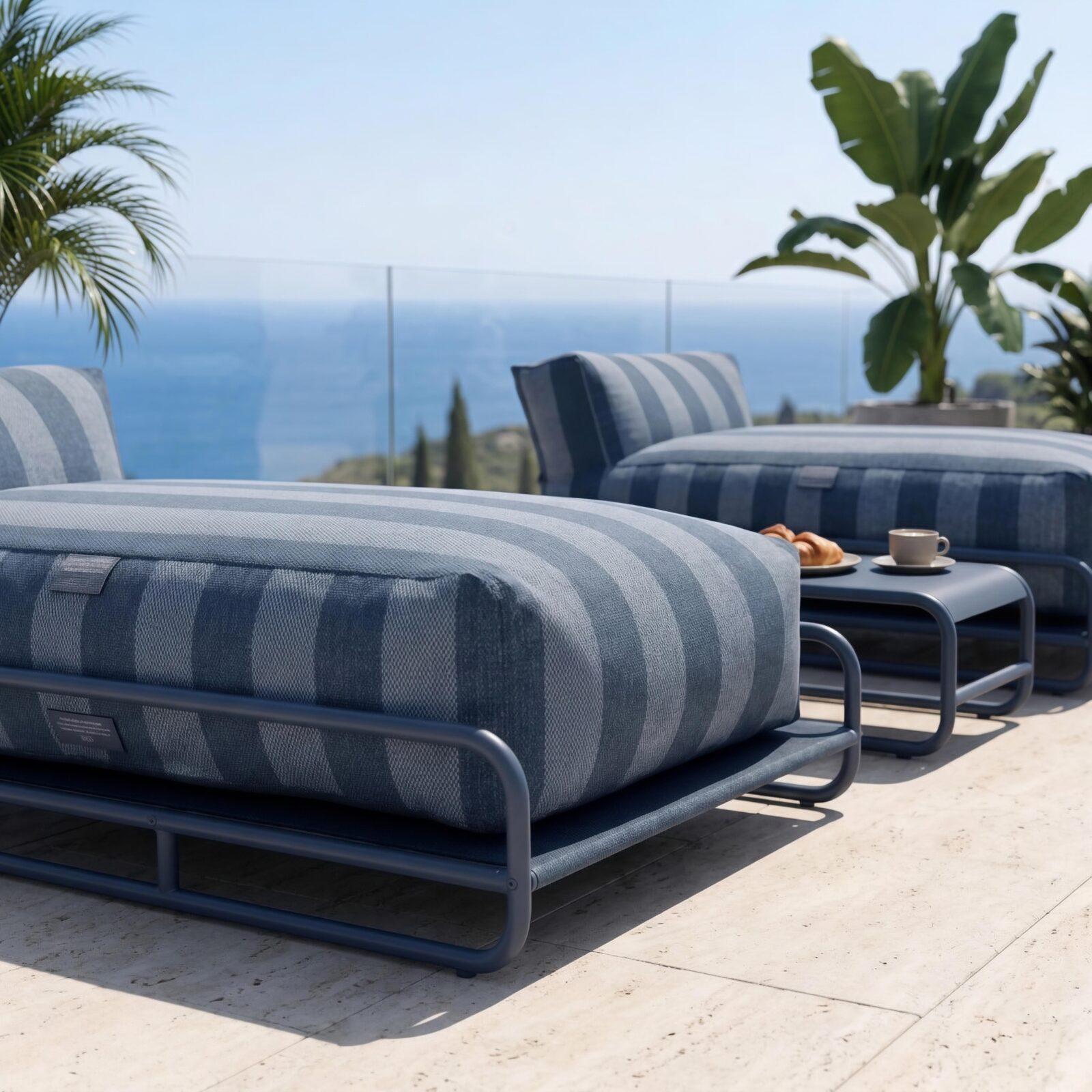 Divano modulare da esterno a 2 posti con struttura, 2 chaise longue a righe e tavolino