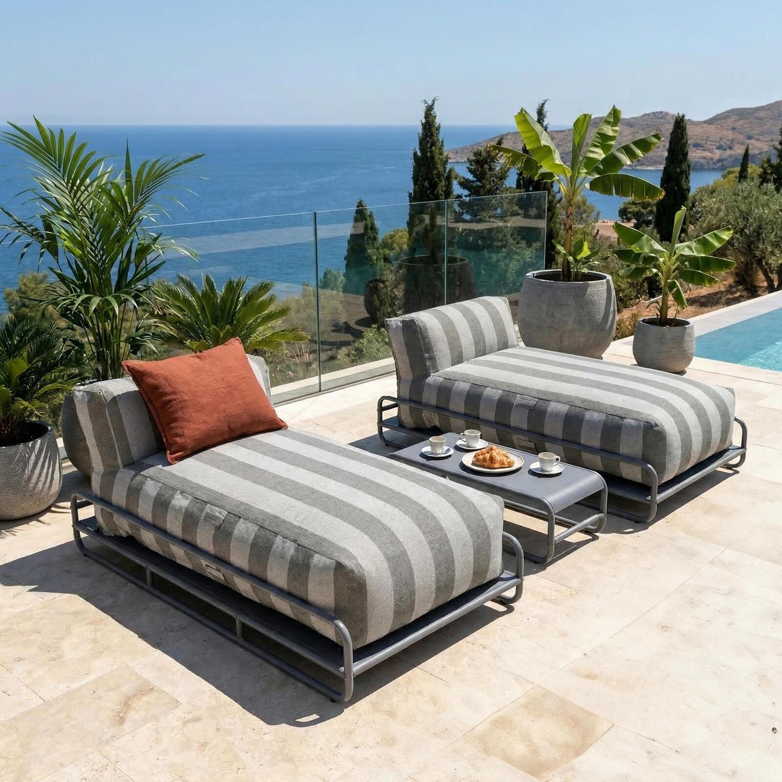 Divano modulare da esterno a 2 posti con struttura, 2 chaise longue a righe e tavolino