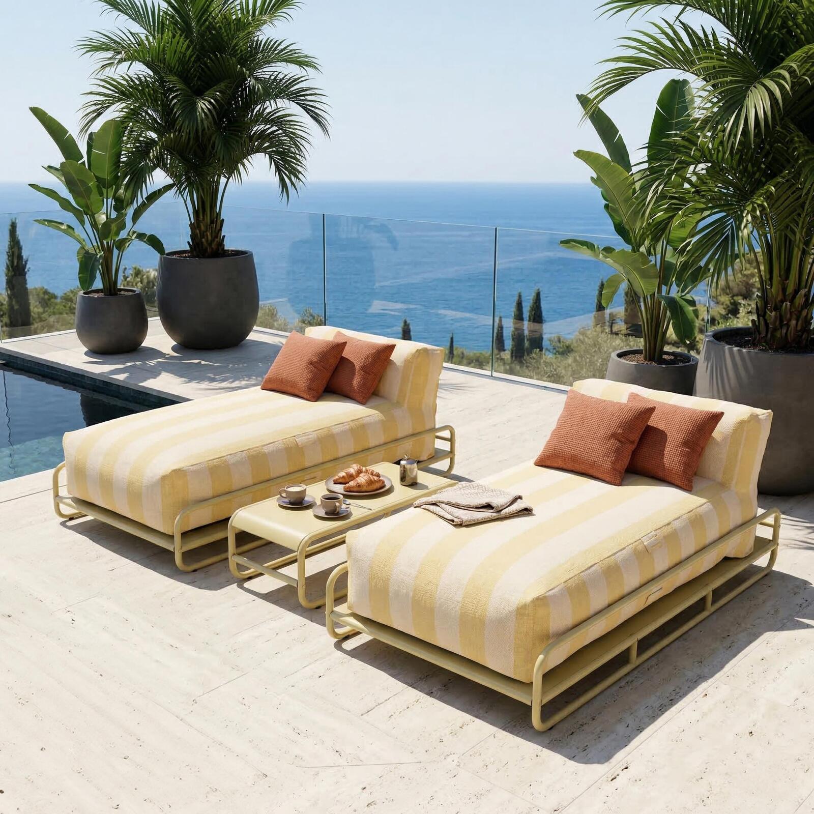 Divano modulare da esterno a 2 posti con struttura, 2 chaise longue a righe e tavolino