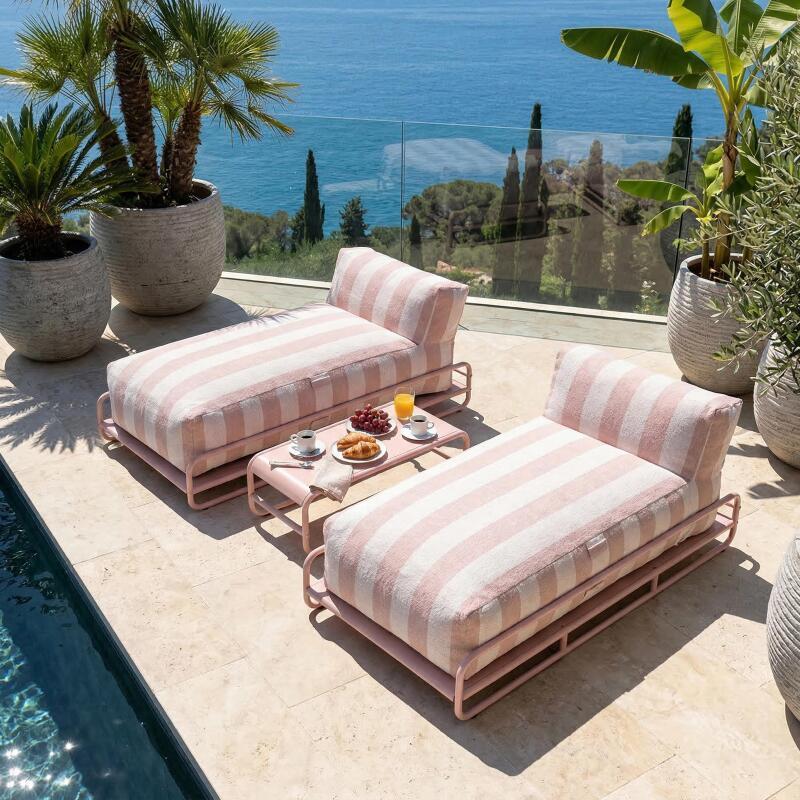 Divano modulare da esterno a 2 posti con struttura, 2 chaise longue a righe e tavolino