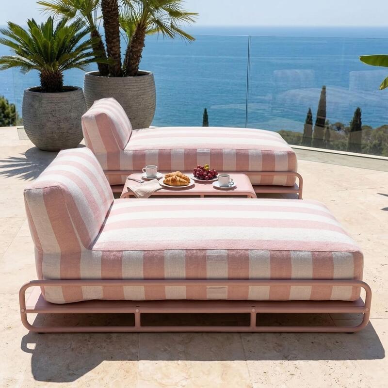 Divano modulare da esterno a 2 posti con struttura, 2 chaise longue a righe e tavolino (4/7)