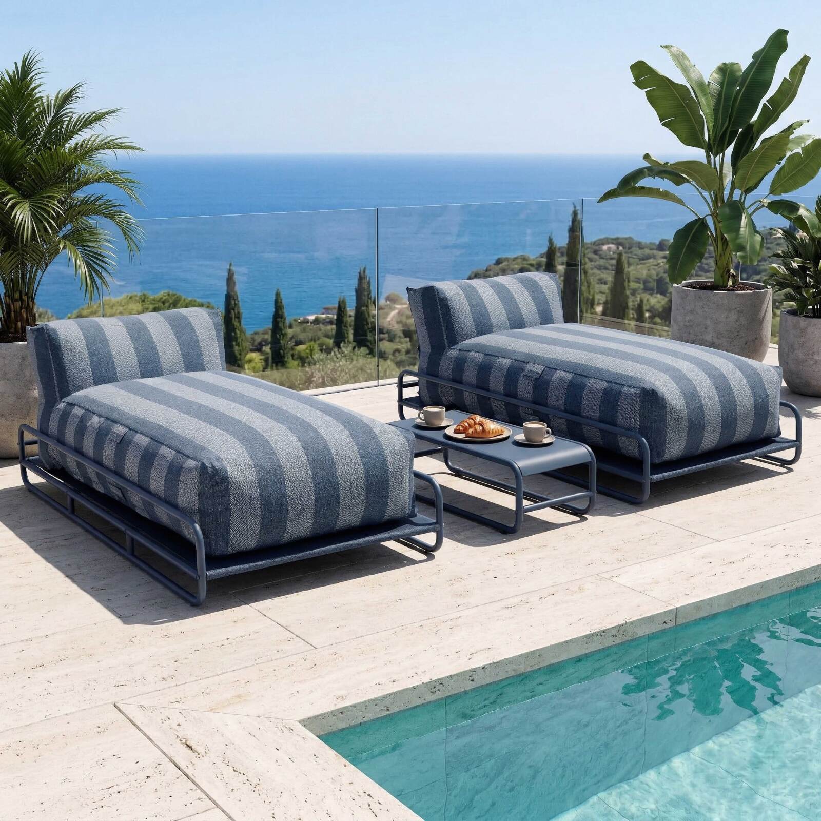 Divano modulare da esterno a 2 posti con struttura, 2 chaise longue a righe e tavolino