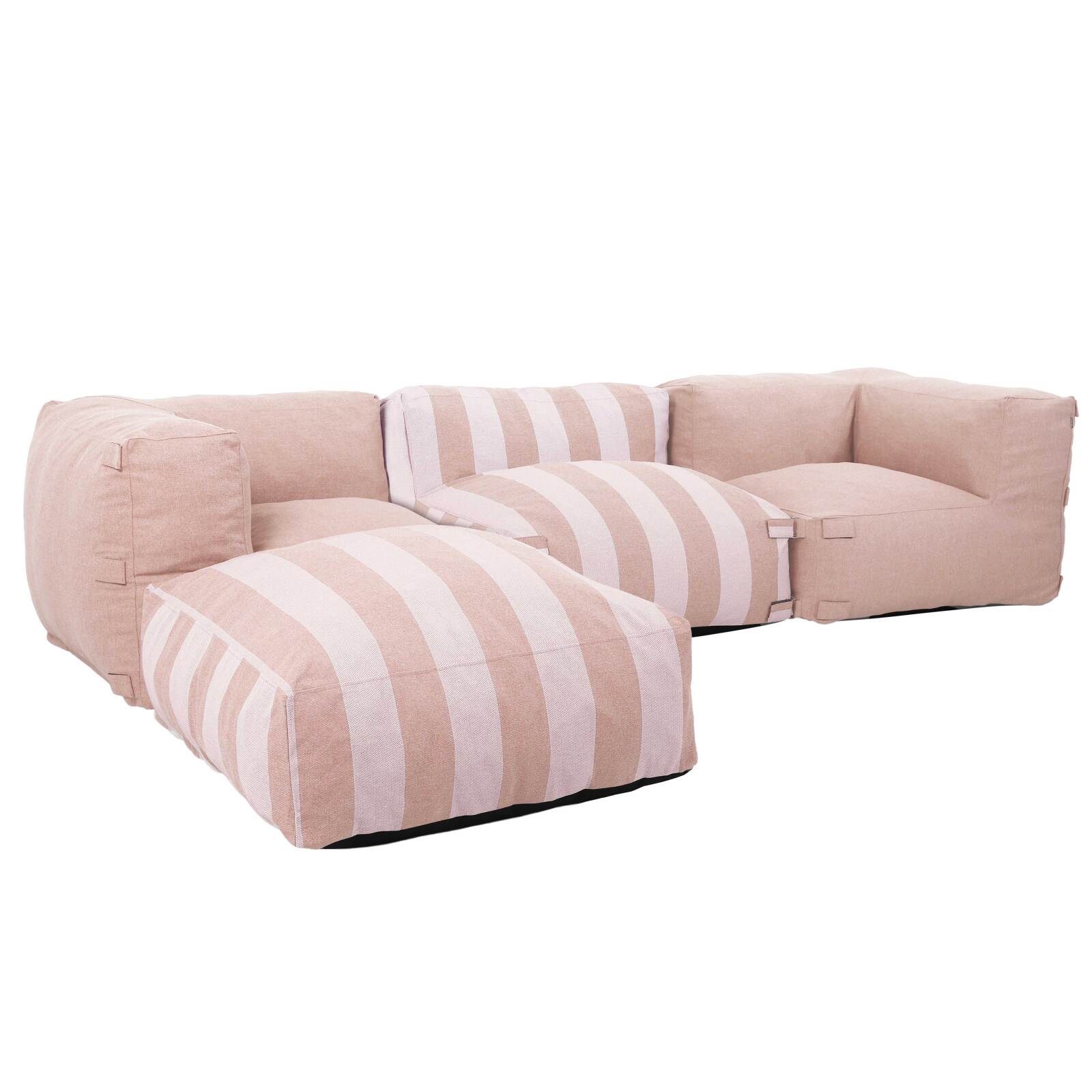 Divano modulare da esterno a righe 4 posti con 1 poltrona, 2 poltrone angolari e 1 pouf