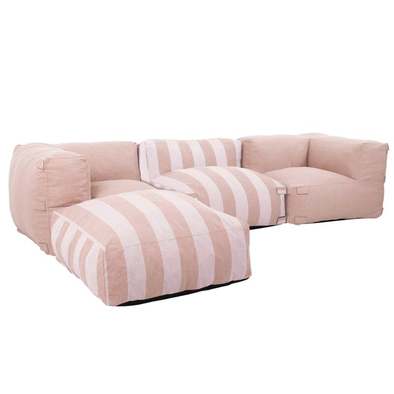 Divano modulare da esterno a righe 4 posti con 1 poltrona, 2 poltrone angolari e 1 pouf