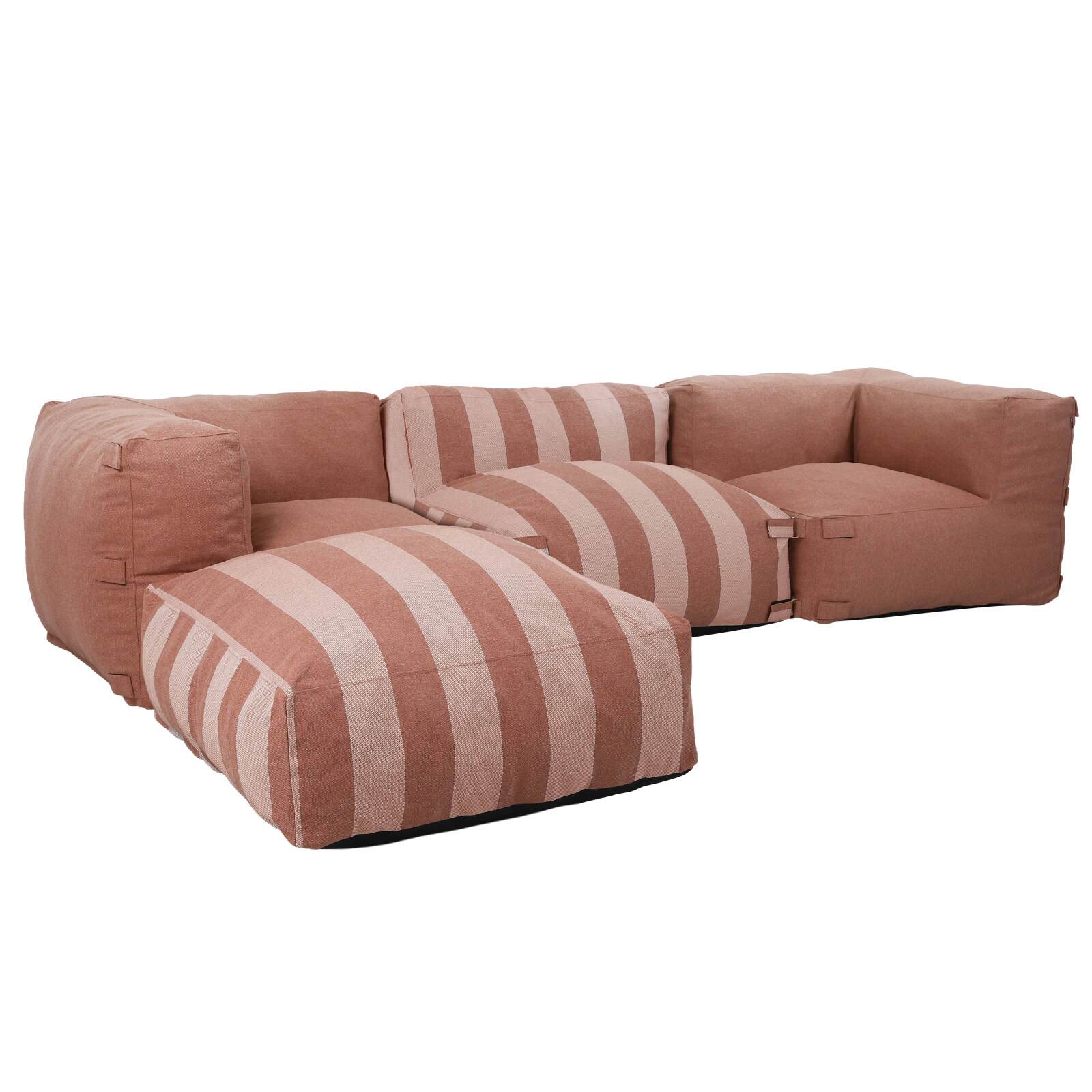Divano modulare da esterno a righe 4 posti con 1 poltrona, 2 poltrone angolari e 1 pouf