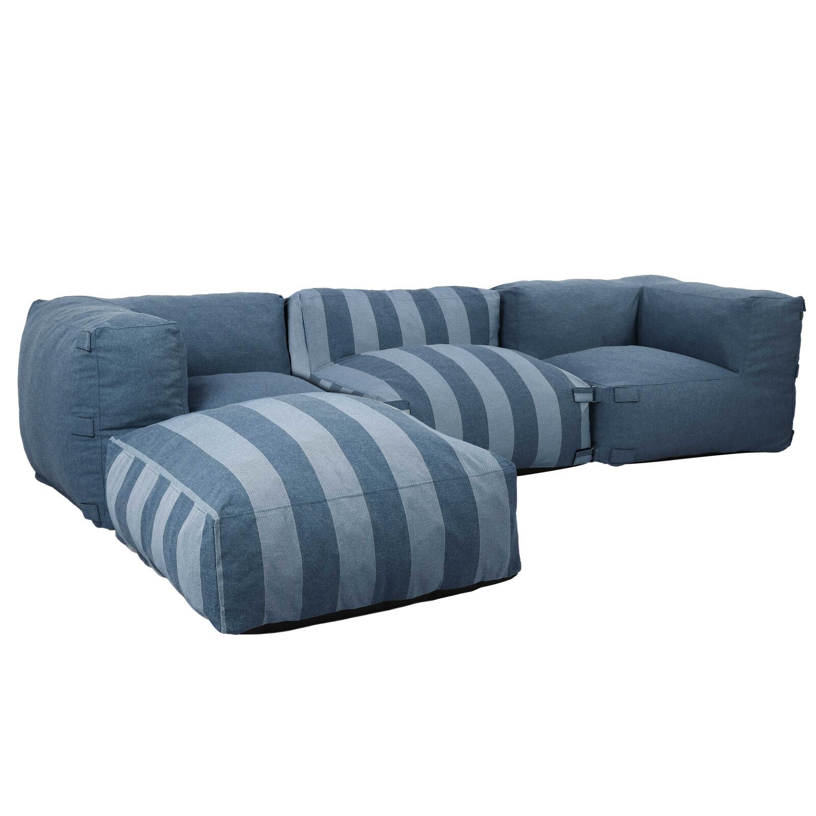 Divano modulare da esterno a righe 4 posti con 1 poltrona, 2 poltrone angolari e 1 pouf