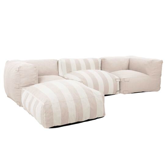 Divano modulare a righe da esterno 4 posti con 1 poltrona, 2 poltrone angolari e 1 pouf | Oviala