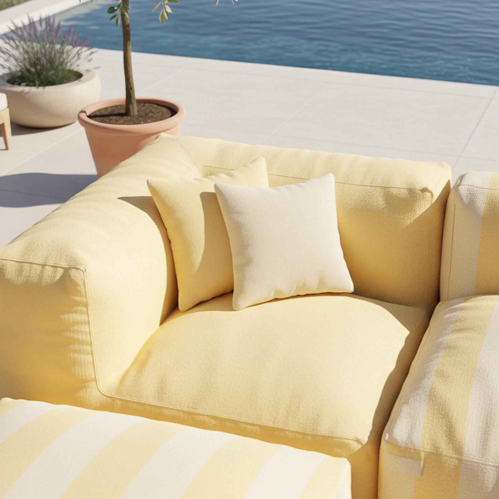 Divano modulare da esterno a righe 4 posti con 1 poltrona, 2 poltrone angolari e 1 pouf