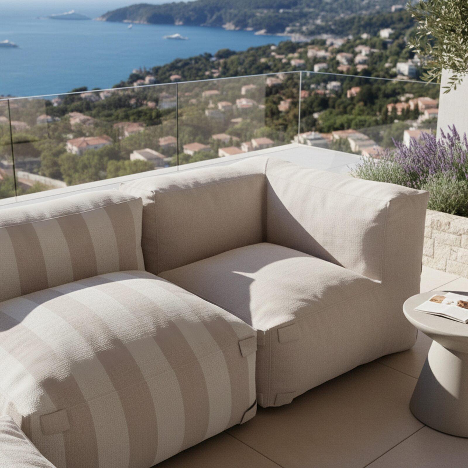 Divano modulare da esterno a righe 4 posti con 1 poltrona, 2 poltrone angolari e 1 pouf