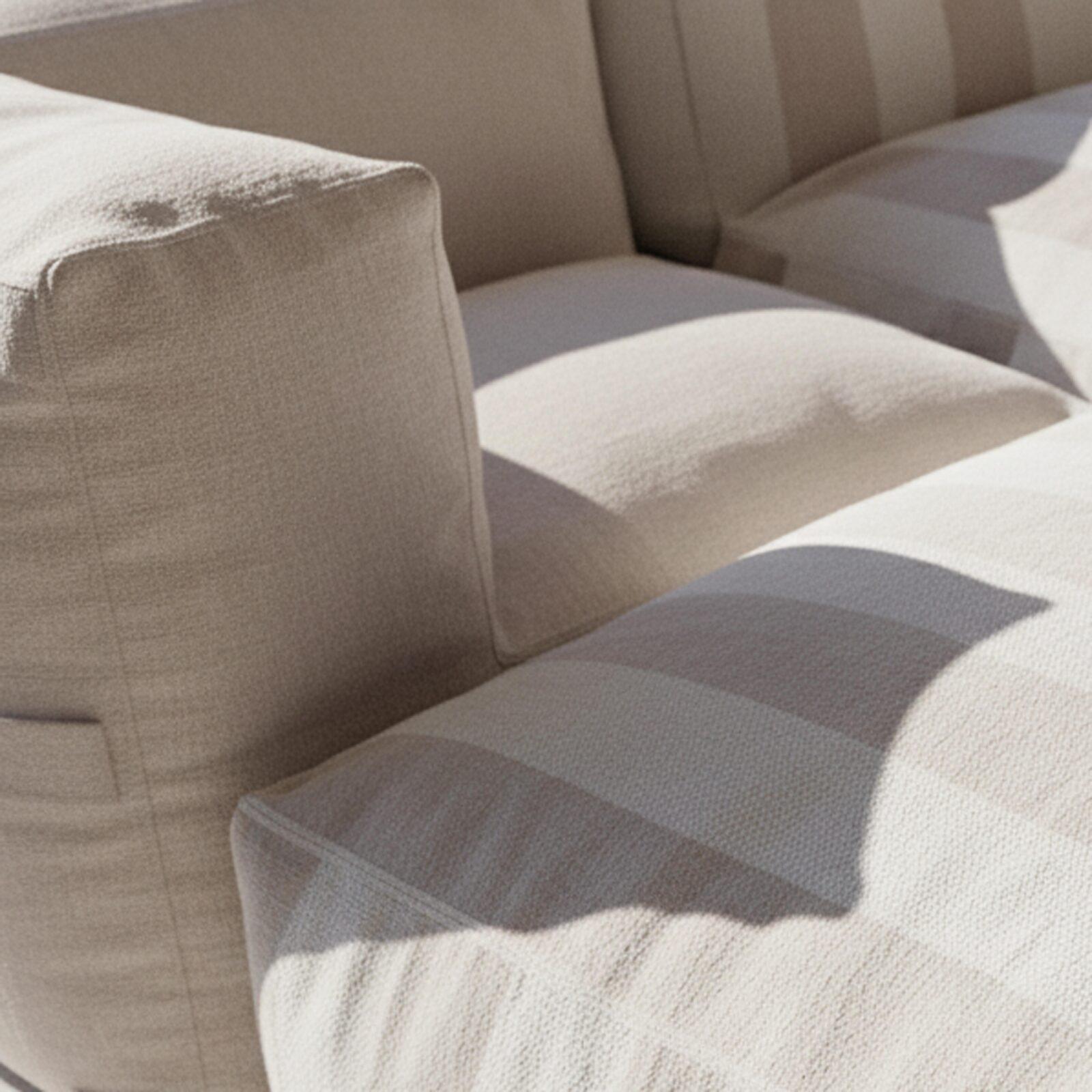 Divano modulare da esterno a righe 4 posti con 1 poltrona, 2 poltrone angolari e 1 pouf