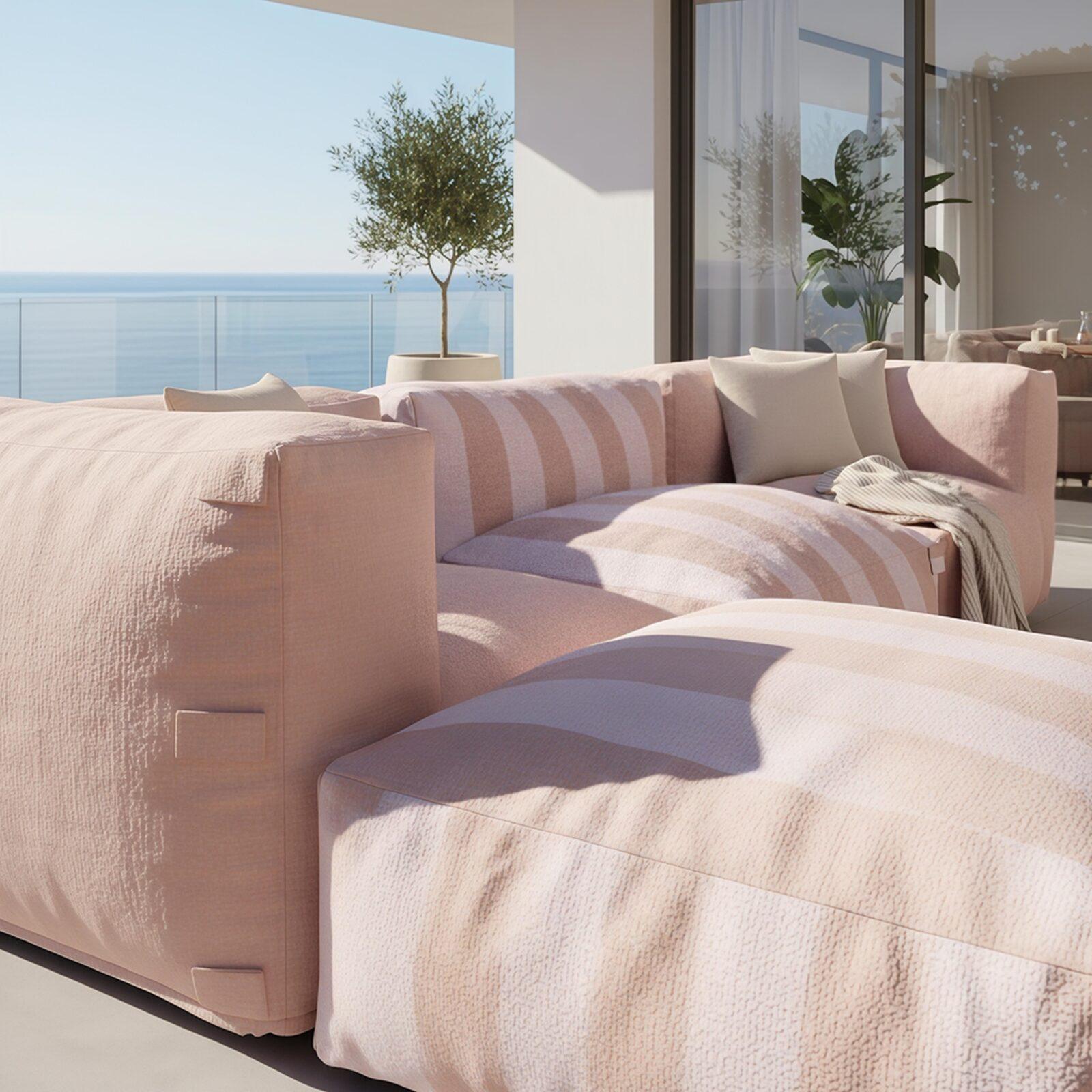 Divano modulare da esterno a righe 4 posti con 1 poltrona, 2 poltrone angolari e 1 pouf