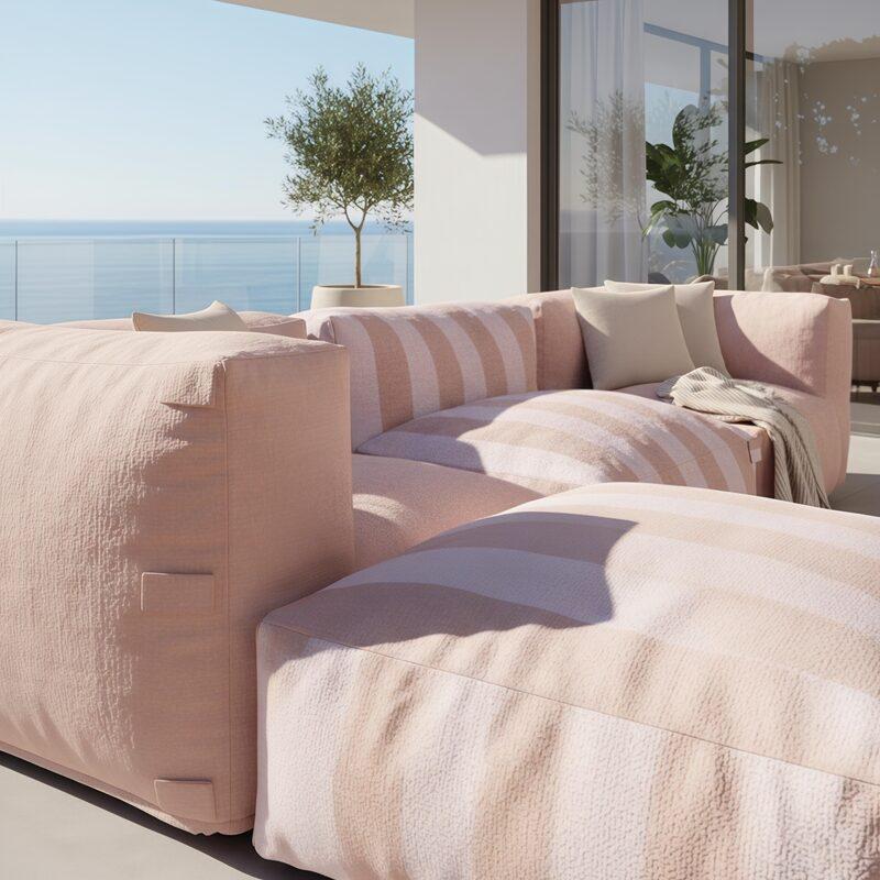 Divano modulare da esterno a righe 4 posti con 1 poltrona, 2 poltrone angolari e 1 pouf (2/7)
