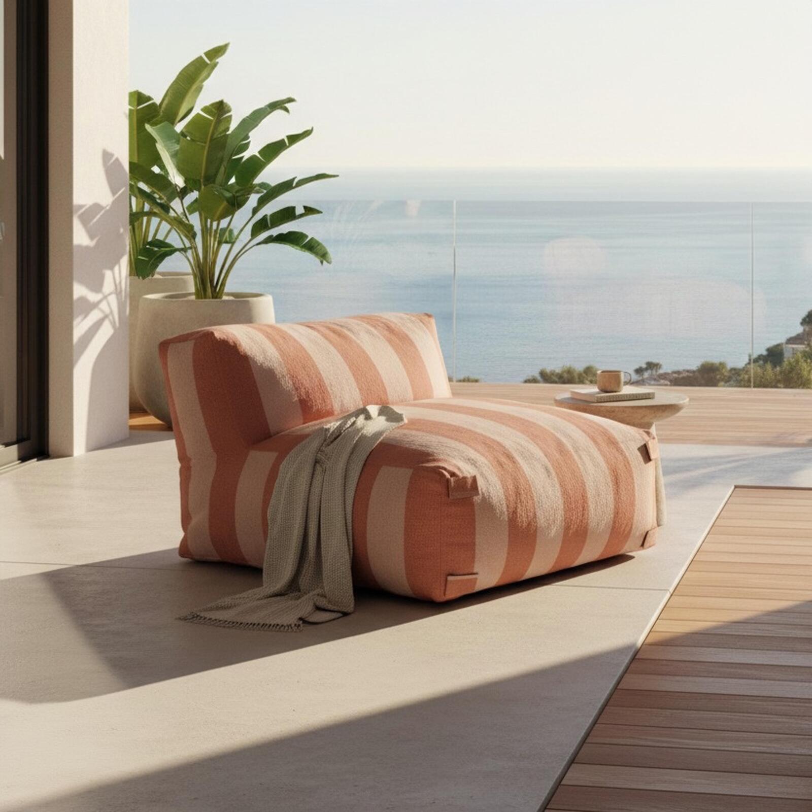 Divano modulare da esterno a righe 4 posti con 1 poltrona, 2 poltrone angolari e 1 pouf