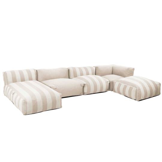 Divano modulare a righe da esterno 4 posti con 2 poltrone, 1 poltrona angolare, 1 chaise longue e 1 pouf | Oviala
