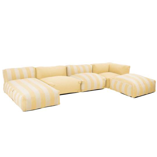 Divano modulare a righe da esterno 4 posti con 2 poltrone, 1 poltrona angolare, 1 chaise longue e 1 pouf | Oviala