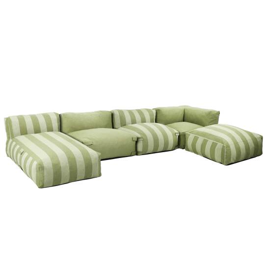 Divano modulare a righe da esterno 4 posti con 2 poltrone, 1 poltrona angolare, 1 chaise longue e 1 pouf | Oviala