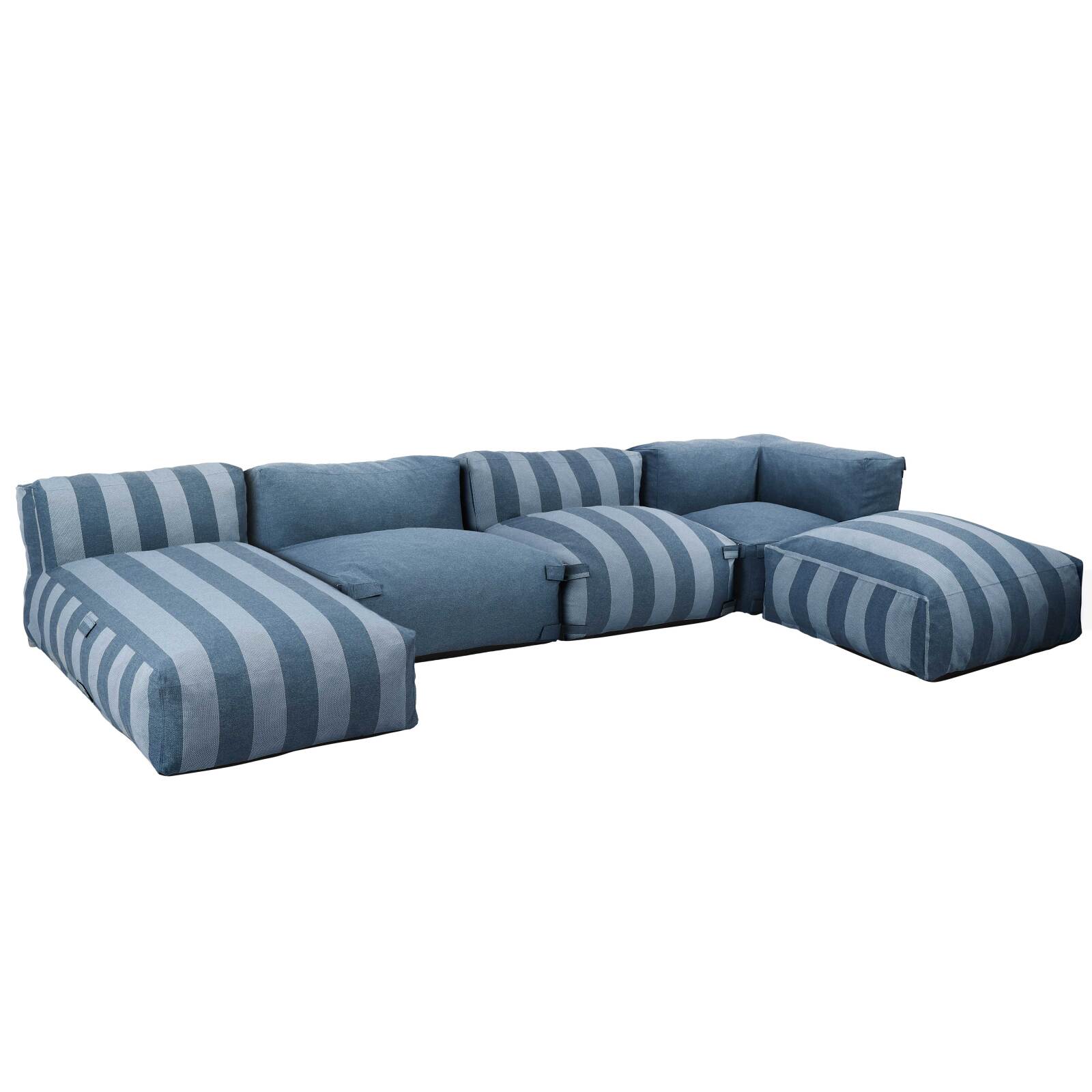 Divano modulare da esterno a righe 4 posti con 2 poltrone, 1 poltrona angolare, 1 chaise longue e 1 pouf