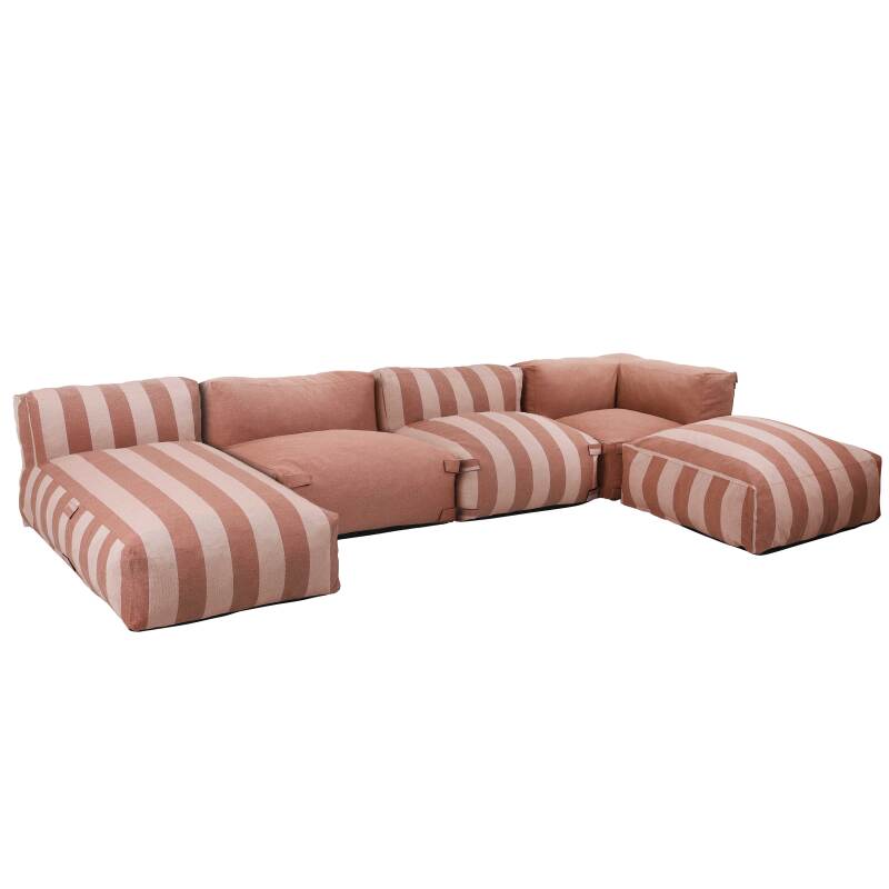Divano modulare da esterno a righe 4 posti con 2 poltrone, 1 poltrona angolare, 1 chaise longue e 1 pouf