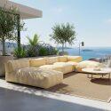 Divano modulare da esterno a righe 4 posti con 2 poltrone, 1 poltrona angolare, 1 chaise longue e 1 pouf