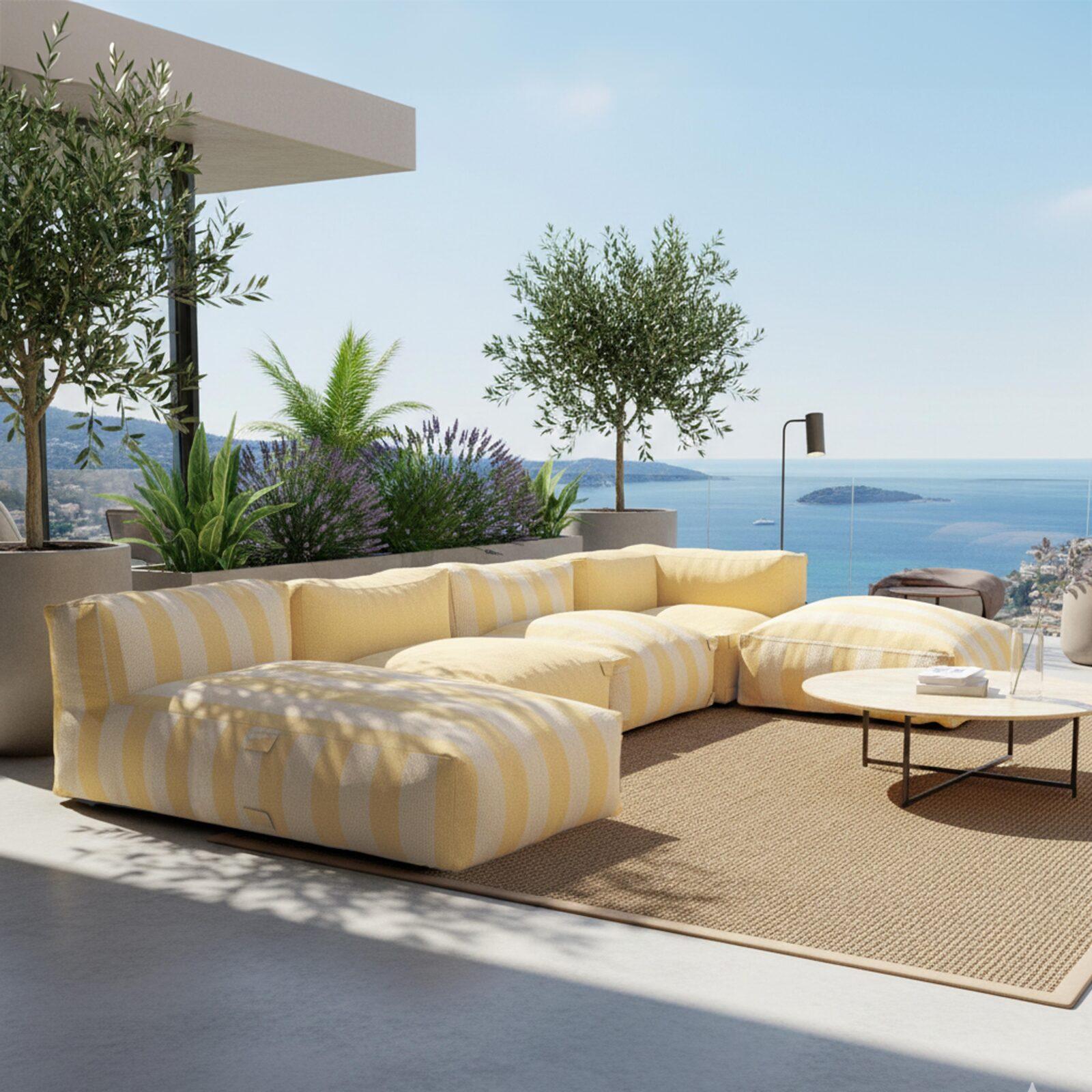 Divano modulare da esterno a righe 4 posti con 2 poltrone, 1 poltrona angolare, 1 chaise longue e 1 pouf