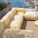 Divano modulare da esterno a righe 4 posti con 2 poltrone, 1 poltrona angolare, 1 chaise longue e 1 pouf