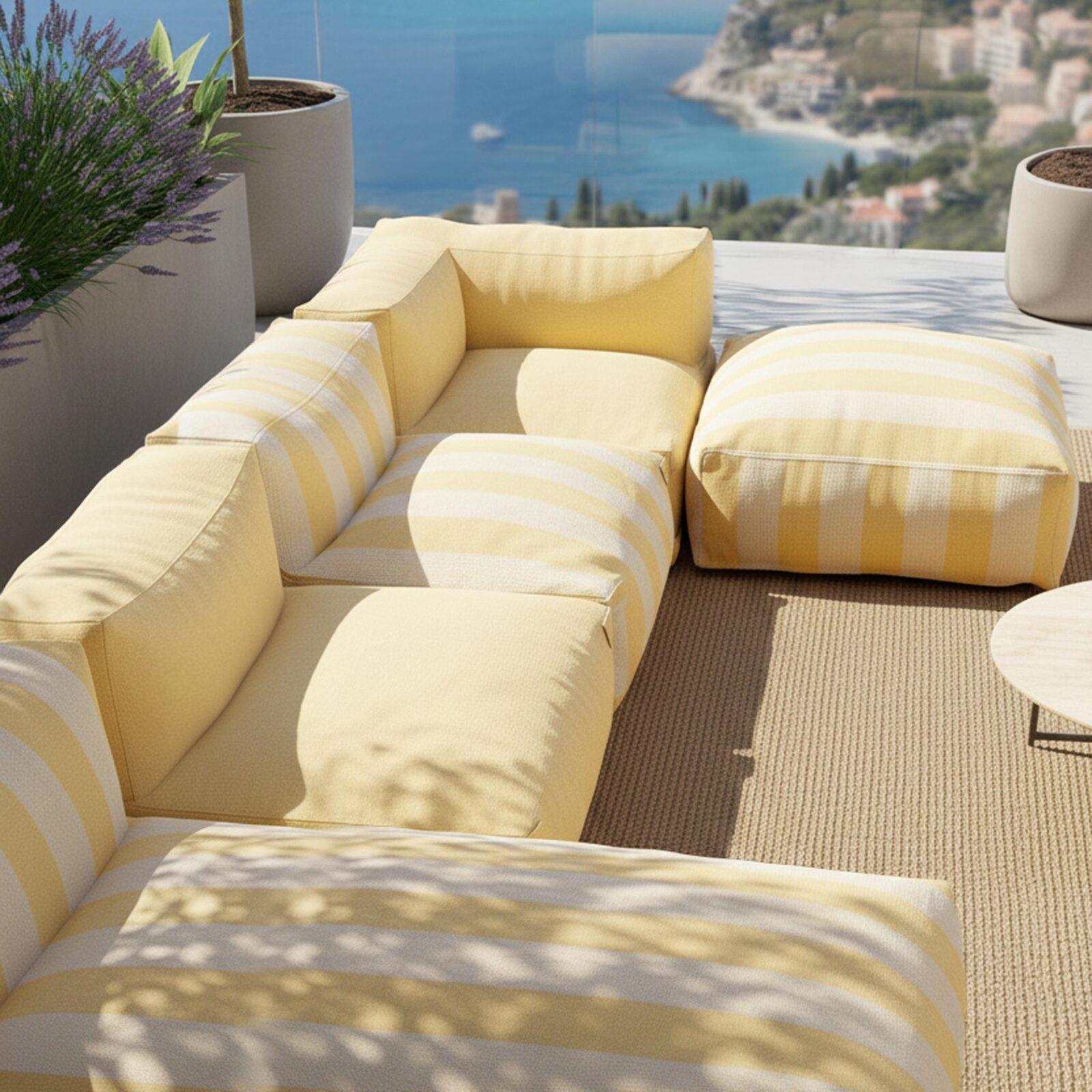 Divano modulare da esterno a righe 4 posti con 2 poltrone, 1 poltrona angolare, 1 chaise longue e 1 pouf
