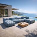 Divano modulare da esterno a righe 4 posti con 2 poltrone, 1 poltrona angolare, 1 chaise longue e 1 pouf