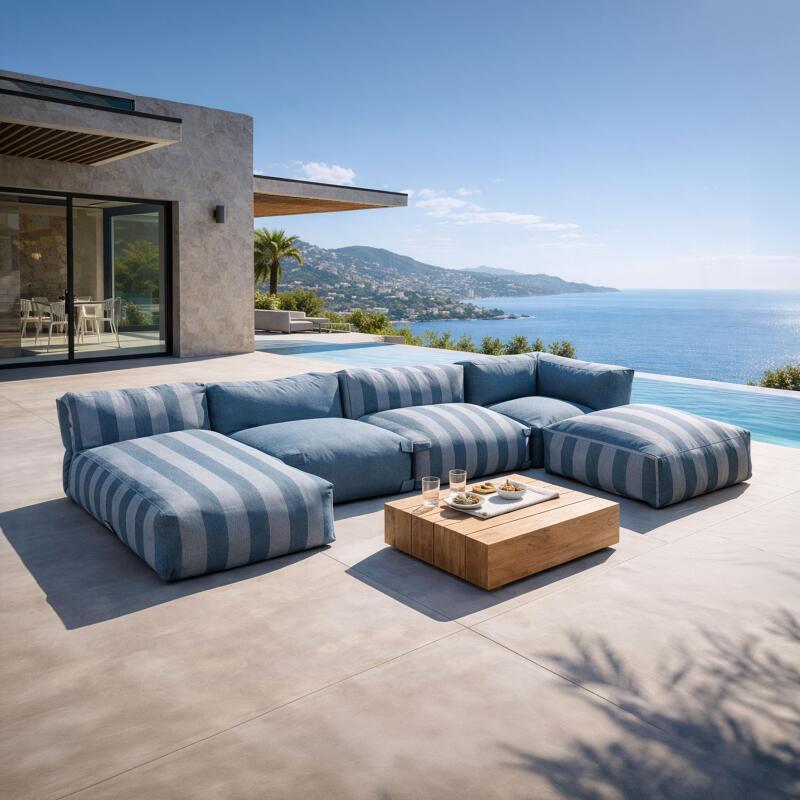 Divano modulare da esterno a righe 4 posti con 2 poltrone, 1 poltrona angolare, 1 chaise longue e 1 pouf