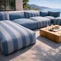Divano modulare da esterno a righe 4 posti con 2 poltrone, 1 poltrona angolare, 1 chaise longue e 1 pouf