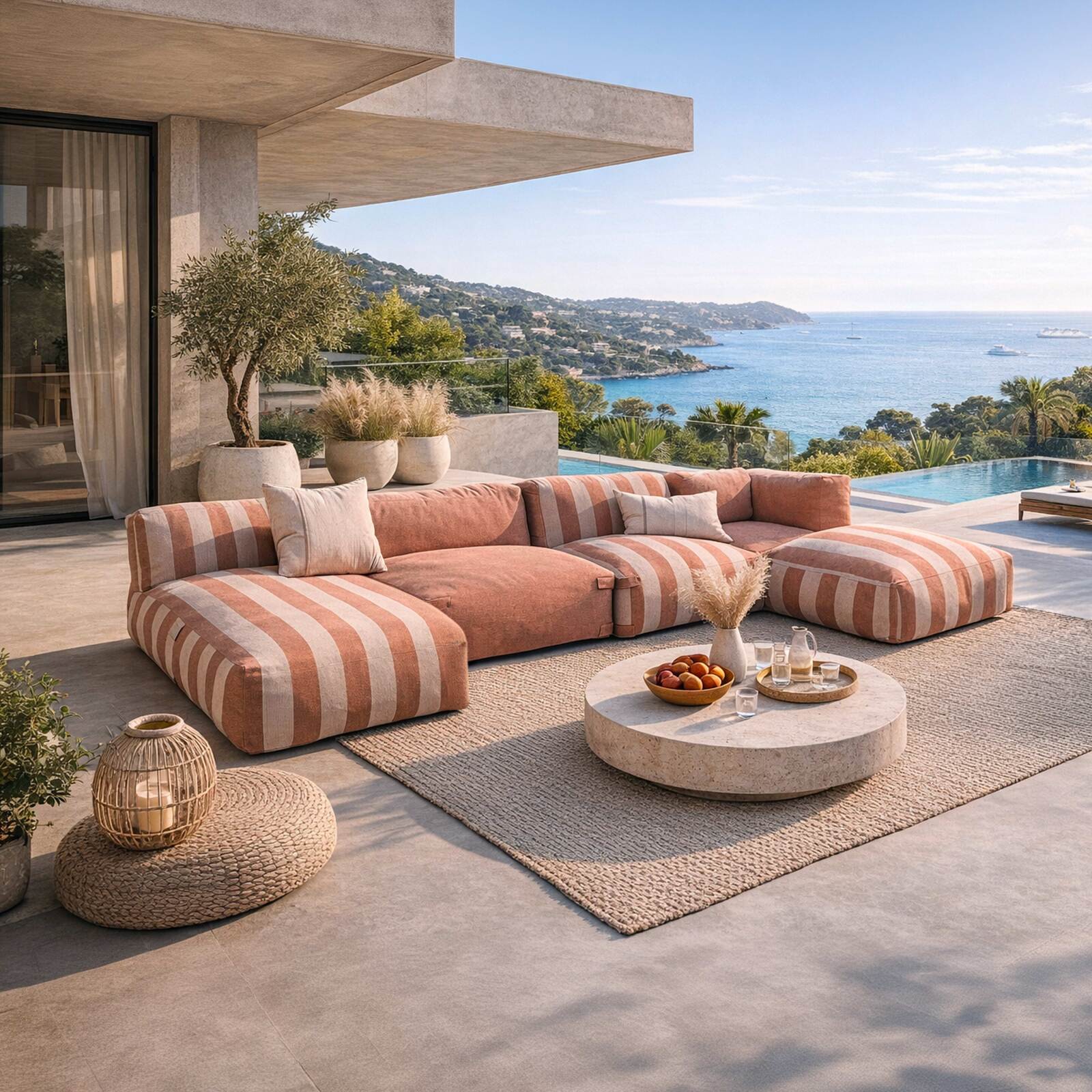 Divano modulare da esterno a righe 4 posti con 2 poltrone, 1 poltrona angolare, 1 chaise longue e 1 pouf