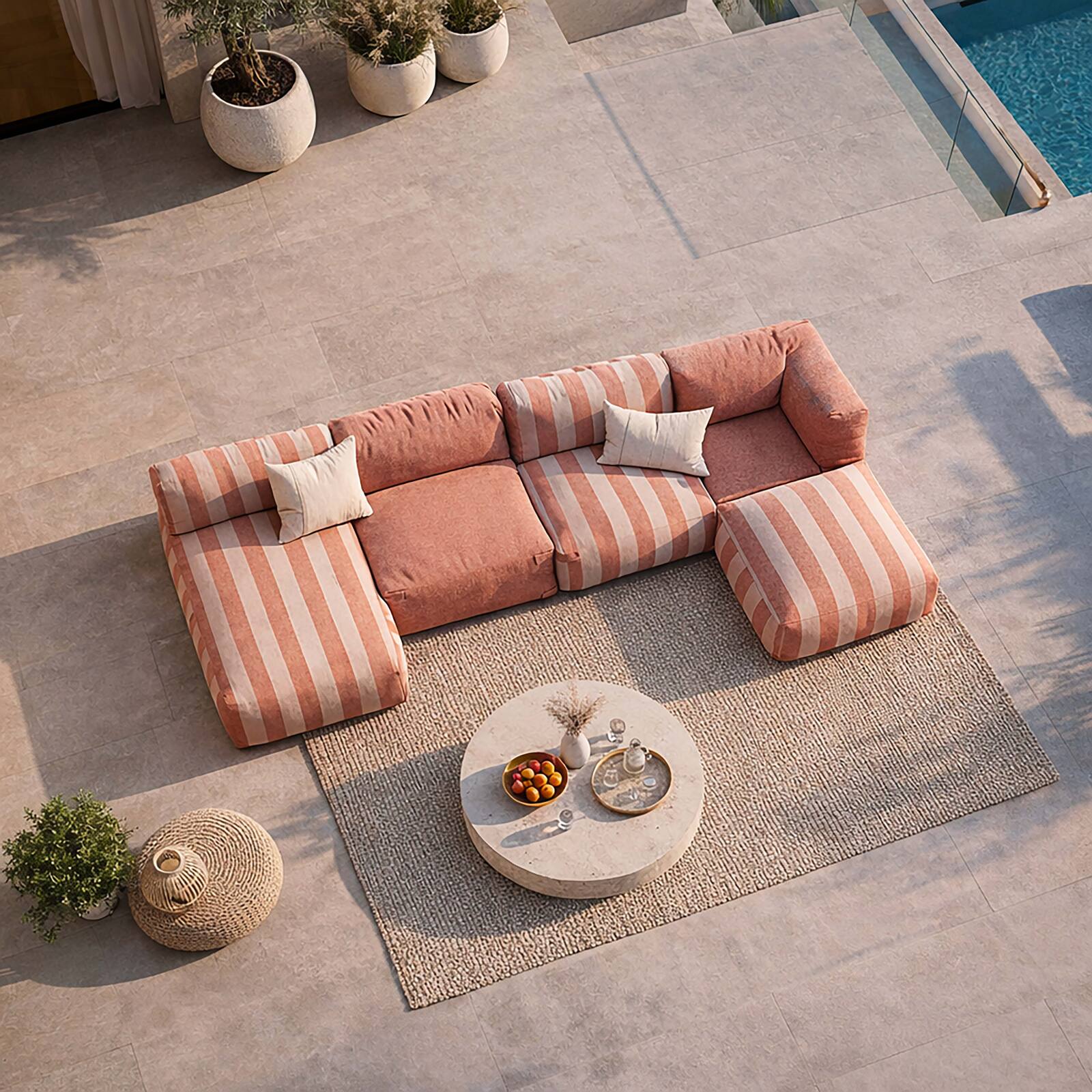 Divano modulare da esterno a righe 4 posti con 2 poltrone, 1 poltrona angolare, 1 chaise longue e 1 pouf