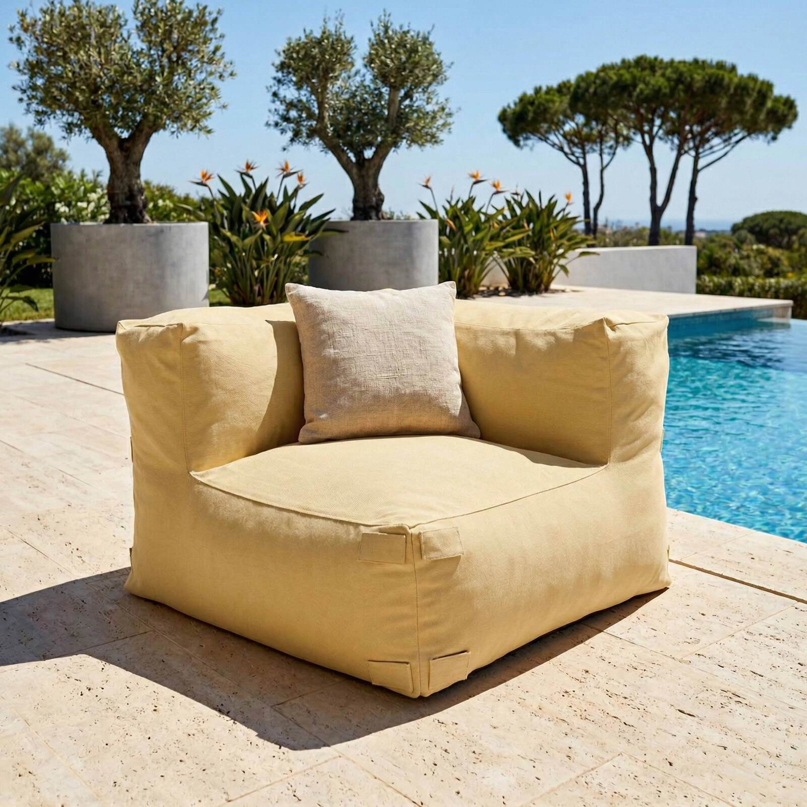 Divano modulare da esterno a righe 4 posti con 2 poltrone, 1 poltrona angolare, 1 chaise longue e 1 pouf