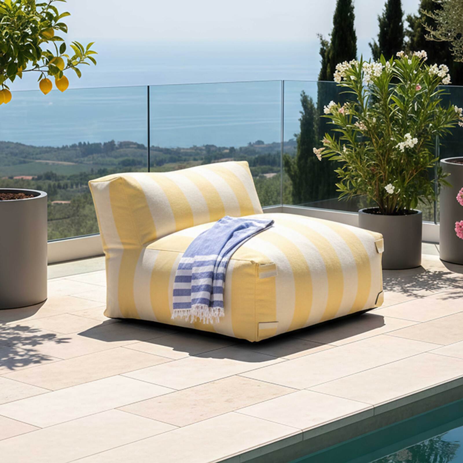 Divano modulare da esterno a righe 4 posti con 2 poltrone, 1 poltrona angolare, 1 chaise longue e 1 pouf
