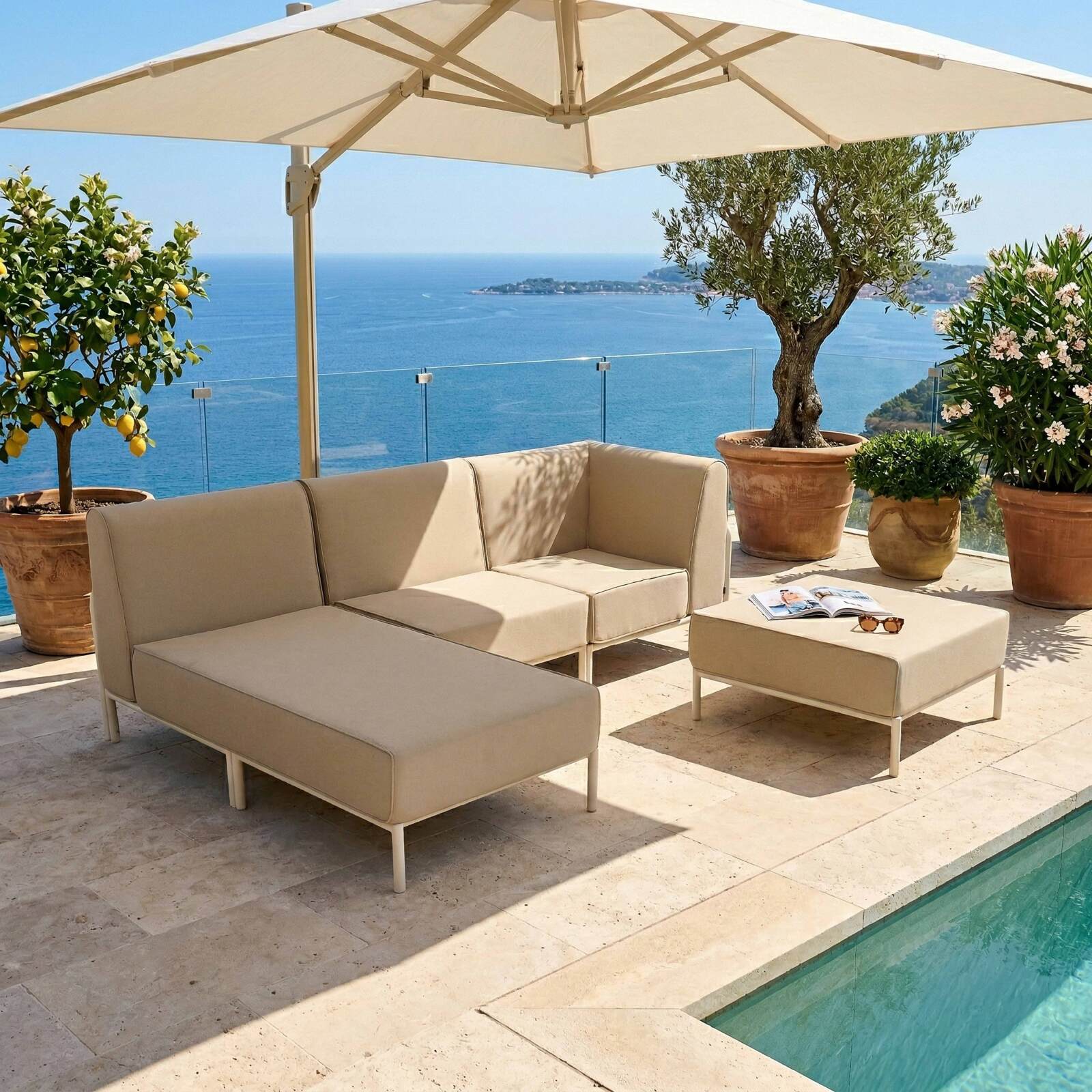 Divano modulare da esterno 4 posti con 1 poltrona, 1 poltrona angolare, 1 chaise longue e 1 pouf