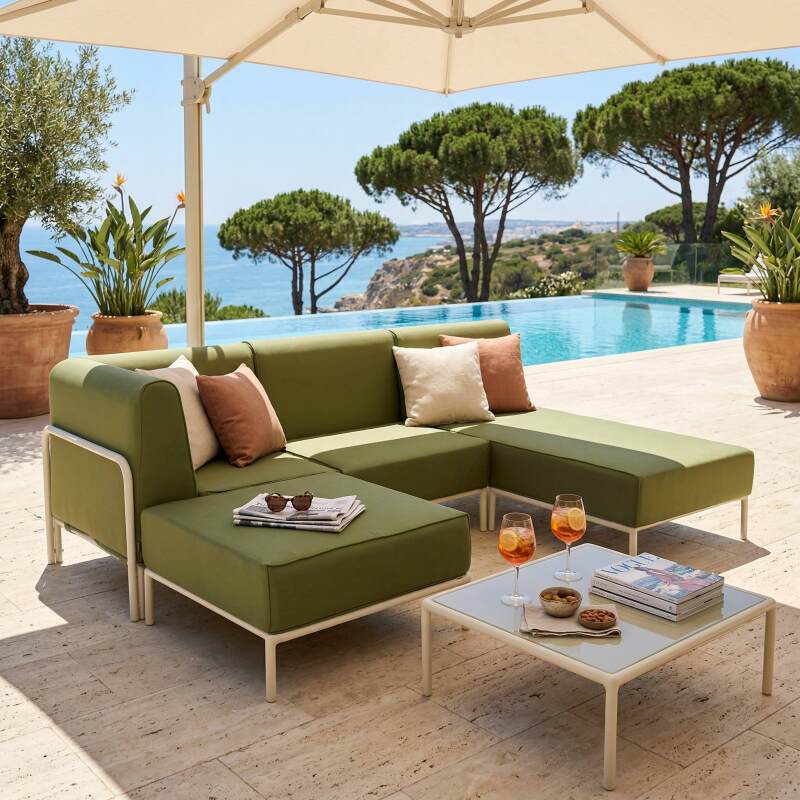 Divano modulare da esterno 4 posti con 1 poltrona, 1 poltrona angolare, 1 chaise longue e 1 pouf
