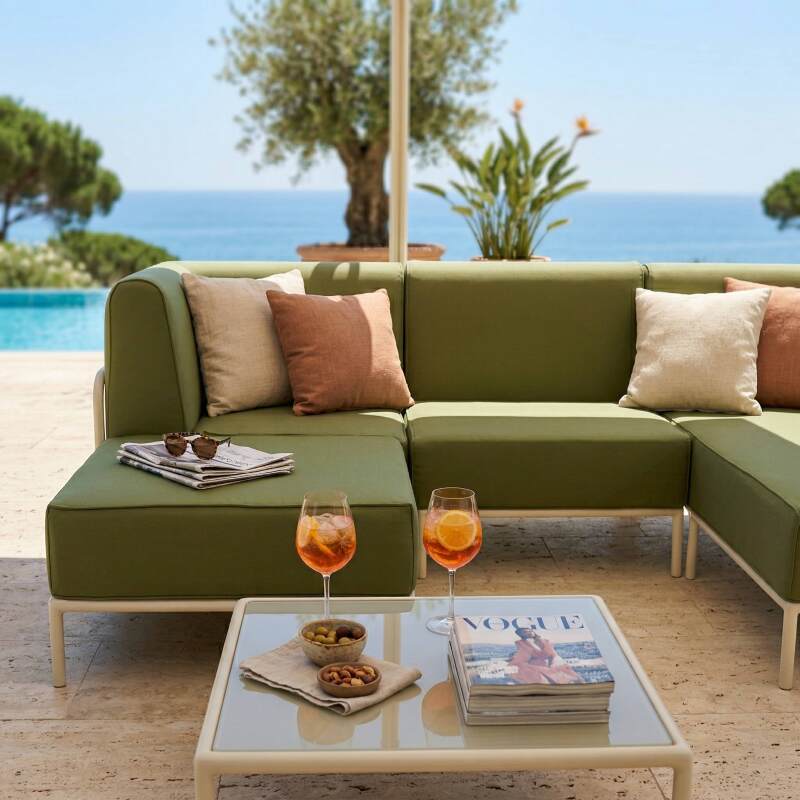 Divano modulare da esterno 4 posti con 1 poltrona, 1 poltrona angolare, 1 chaise longue e 1 pouf (3/7)