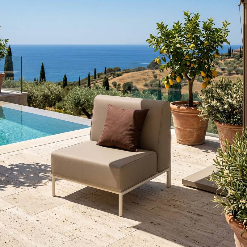 Divano modulare da esterno 4 posti con 1 poltrona, 1 poltrona angolare, 1 chaise longue e 1 pouf (6/7)