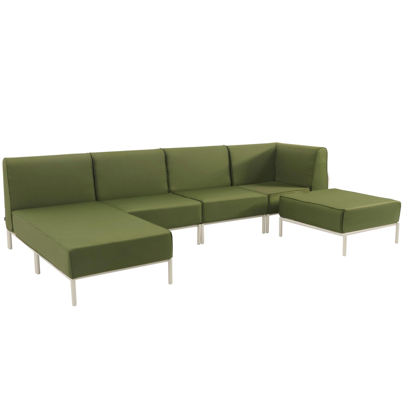 Divano modulare da esterno 5 posti con 2 poltrone, 1 poltrona angolare, 1 chaise longue e 1 pouf