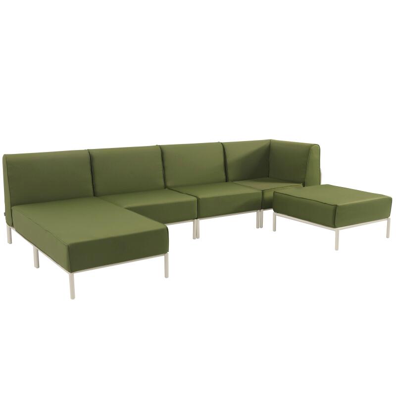Divano modulare da esterno 5 posti con 2 poltrone, 1 poltrona angolare, 1 chaise longue e 1 pouf