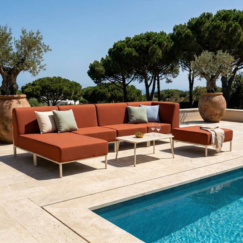 Divano modulare da esterno 5 posti con 2 poltrone, 1 poltrona angolare, 1 chaise longue e 1 pouf