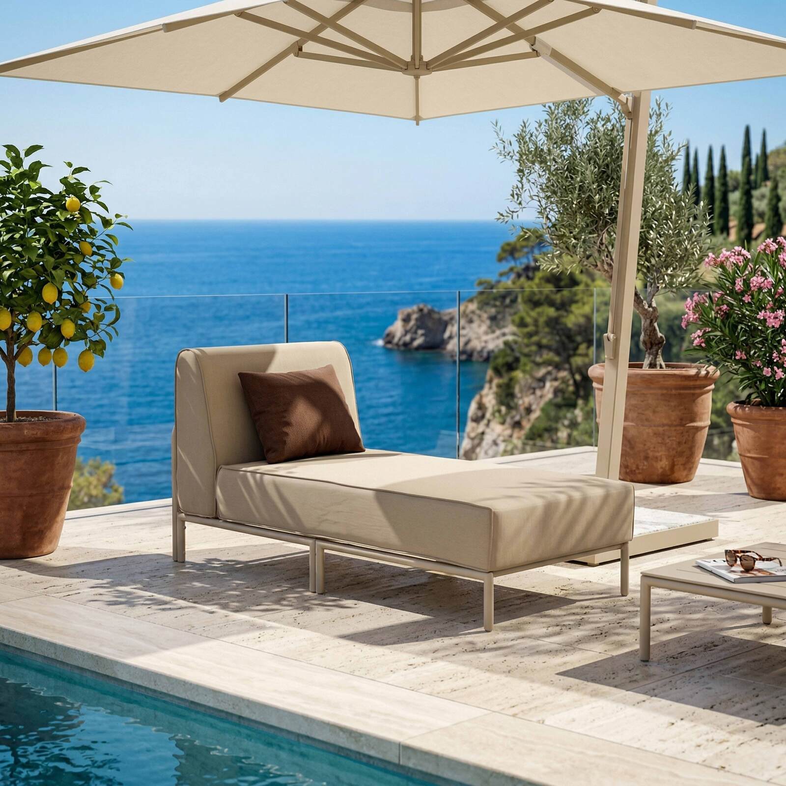 Divano modulare da esterno 5 posti con 2 poltrone, 1 poltrona angolare, 1 chaise longue e 1 pouf