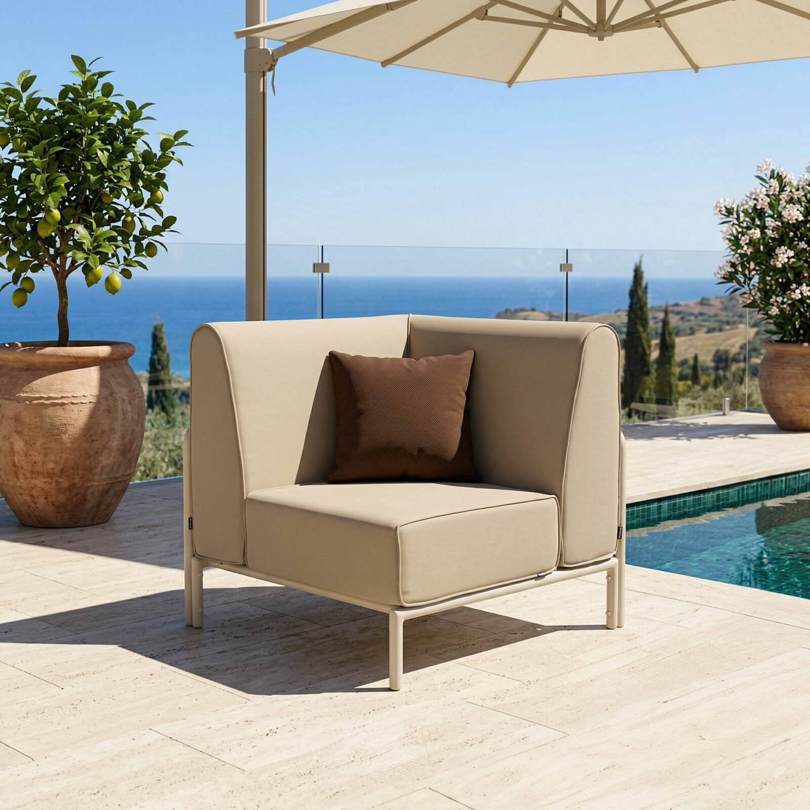 Divano modulare da esterno 5 posti con 2 poltrone, 1 poltrona angolare, 1 chaise longue e 1 pouf