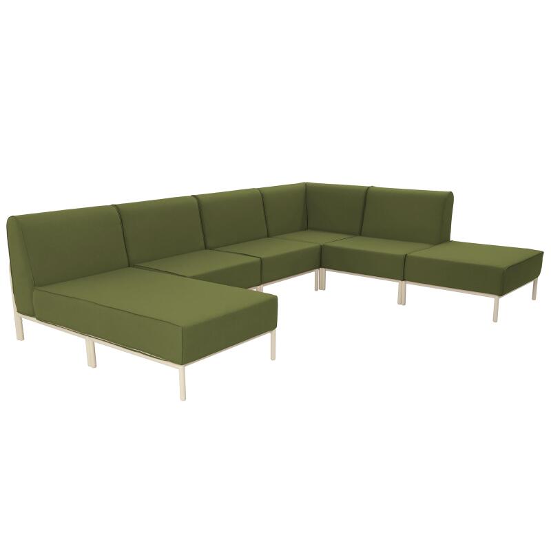 Divano modulare da esterno 6 posti con 3 poltrone, 1 poltrona angolare, 1 chaise longue e 1 pouf