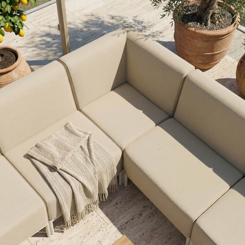 Divano modulare da esterno 6 posti con 3 poltrone, 1 poltrona angolare, 1 chaise longue e 1 pouf (2/7)