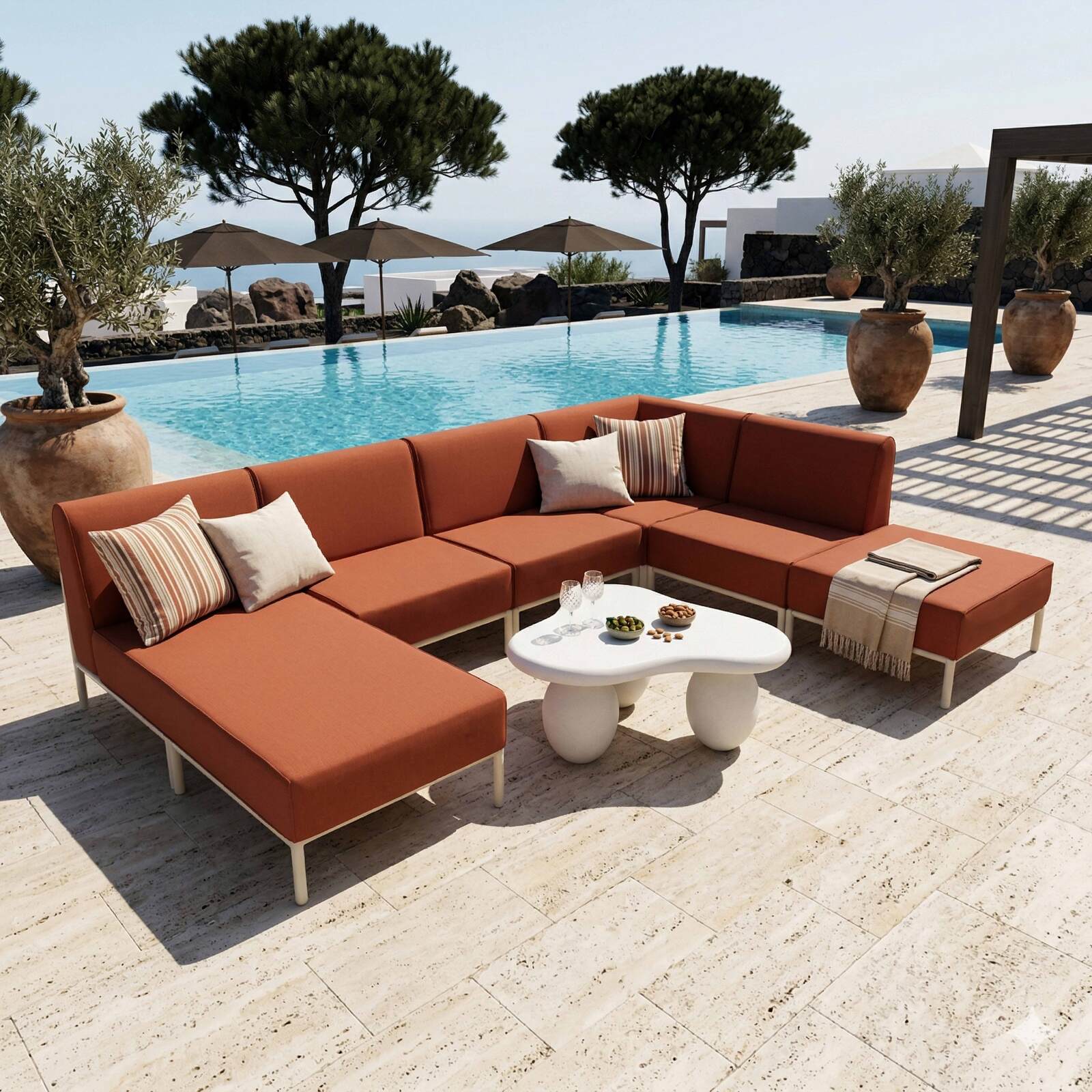 Divano modulare da esterno 6 posti con 3 poltrone, 1 poltrona angolare, 1 chaise longue e 1 pouf
