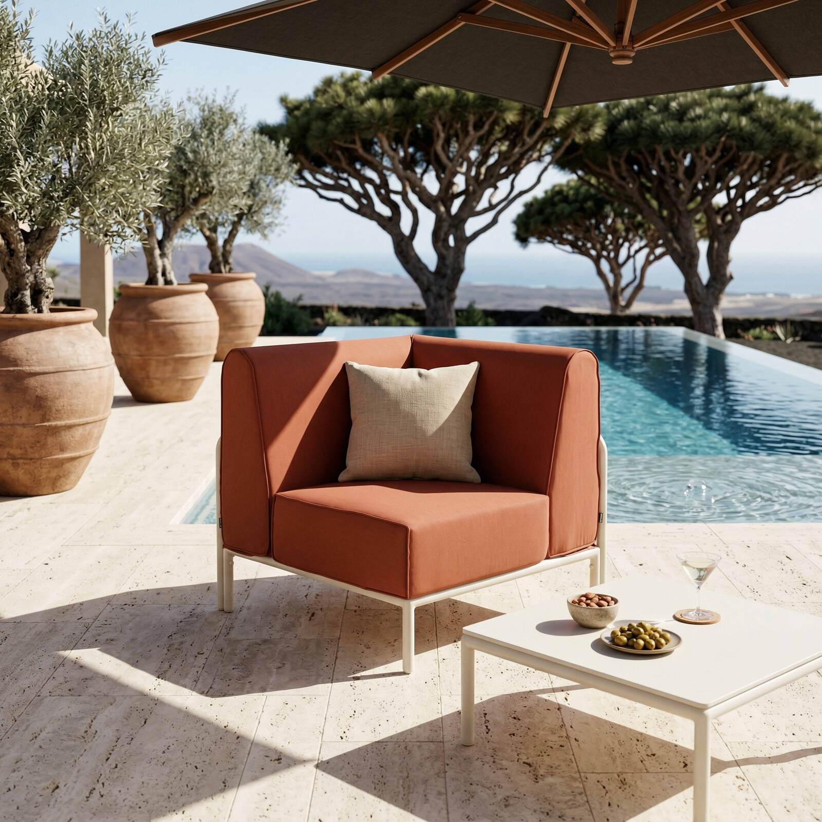 Divano modulare da esterno 6 posti con 3 poltrone, 1 poltrona angolare, 1 chaise longue e 1 pouf