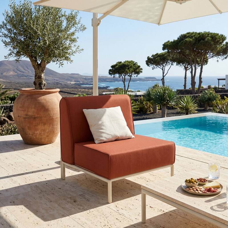 Divano modulare da esterno 6 posti con 3 poltrone, 1 poltrona angolare, 1 chaise longue e 1 pouf (6/7)