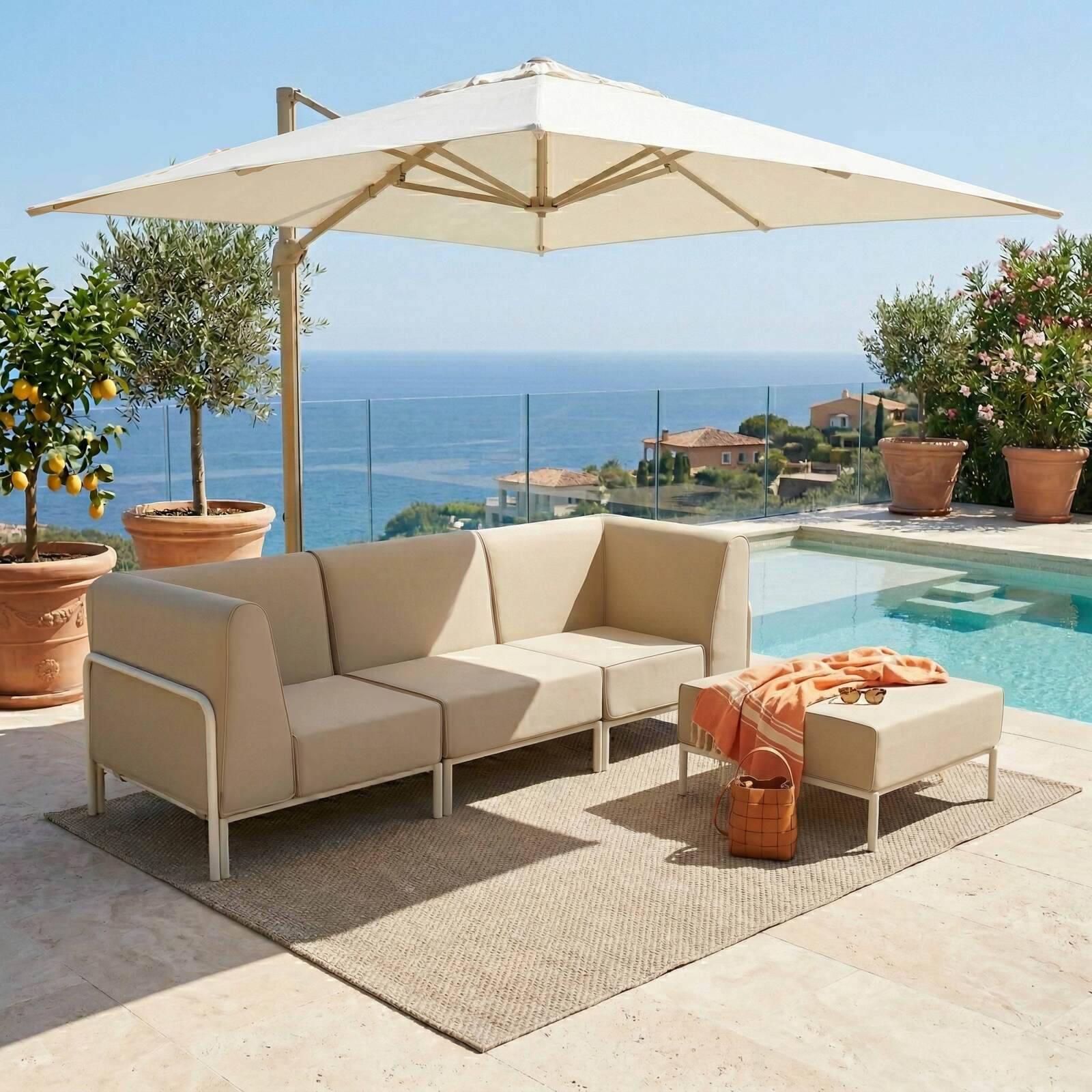 Divano modulare da esterno 4 posti con 1 poltrona, 2 poltrone angolari e 1 pouf