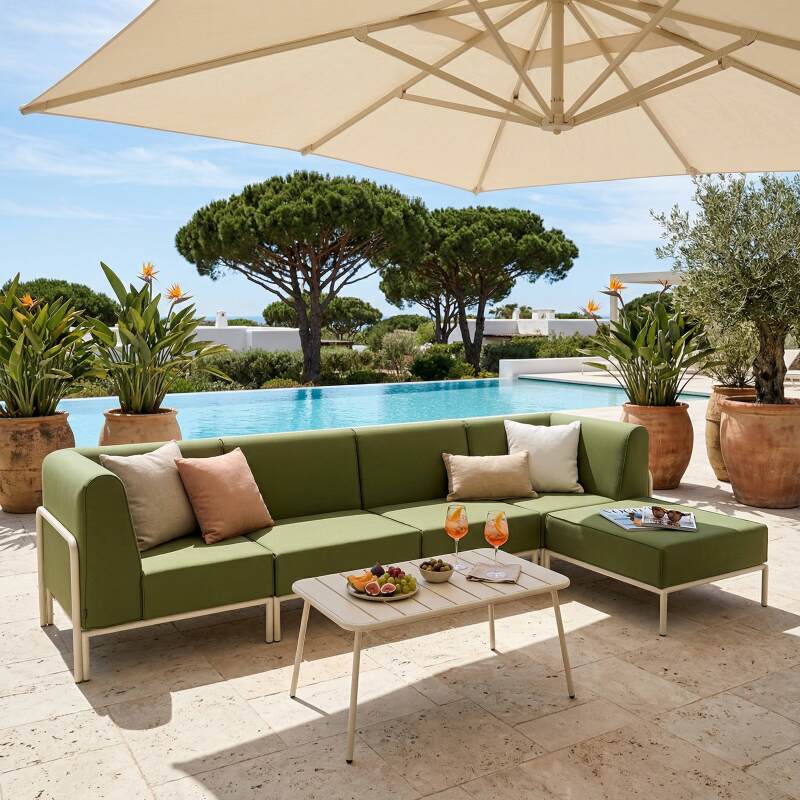 Divano modulare da esterno 5 posti con 2 poltrone, 2 poltrone angolari e 1 pouf