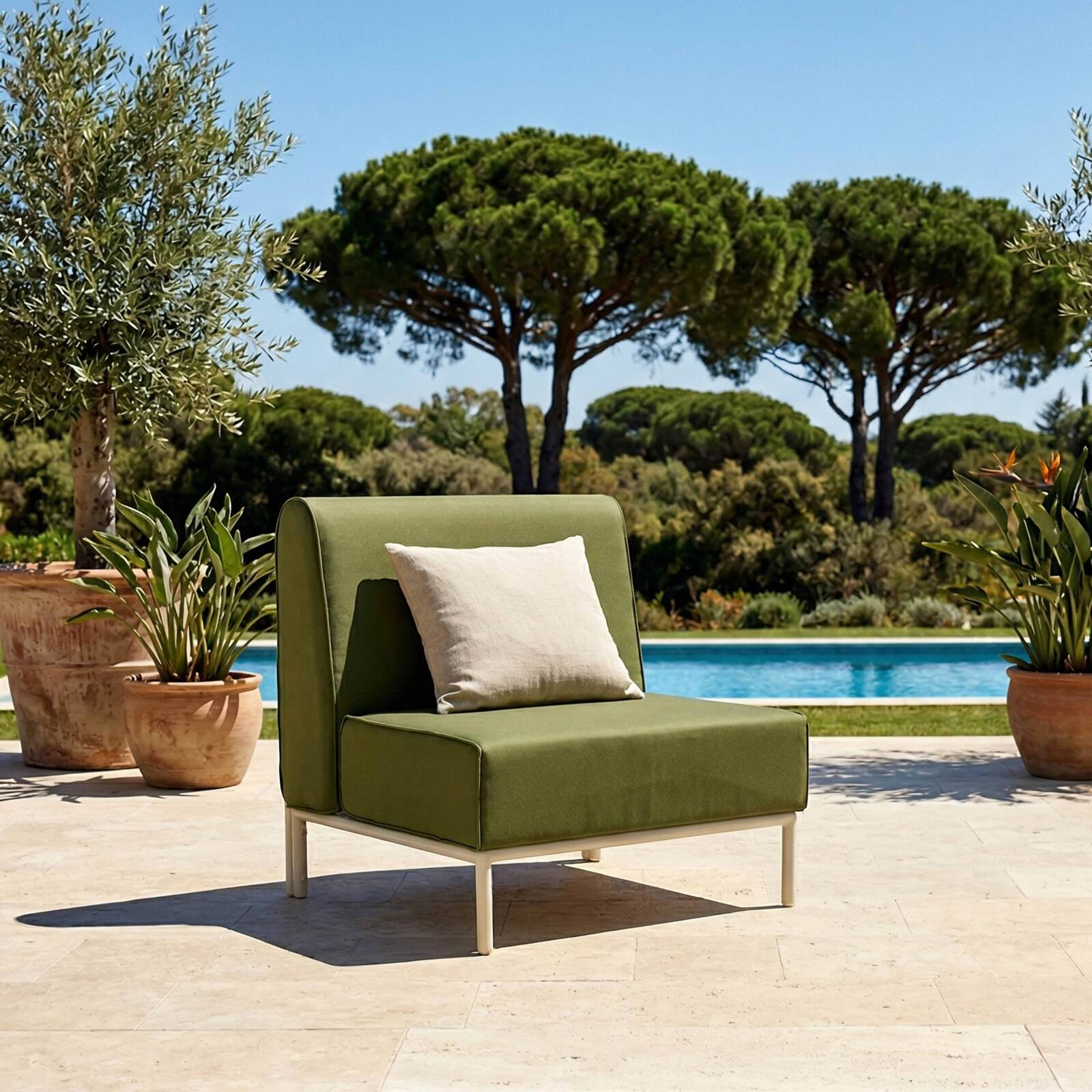 Divano modulare da esterno 5 posti con 2 poltrone, 2 poltrone angolari e 1 pouf